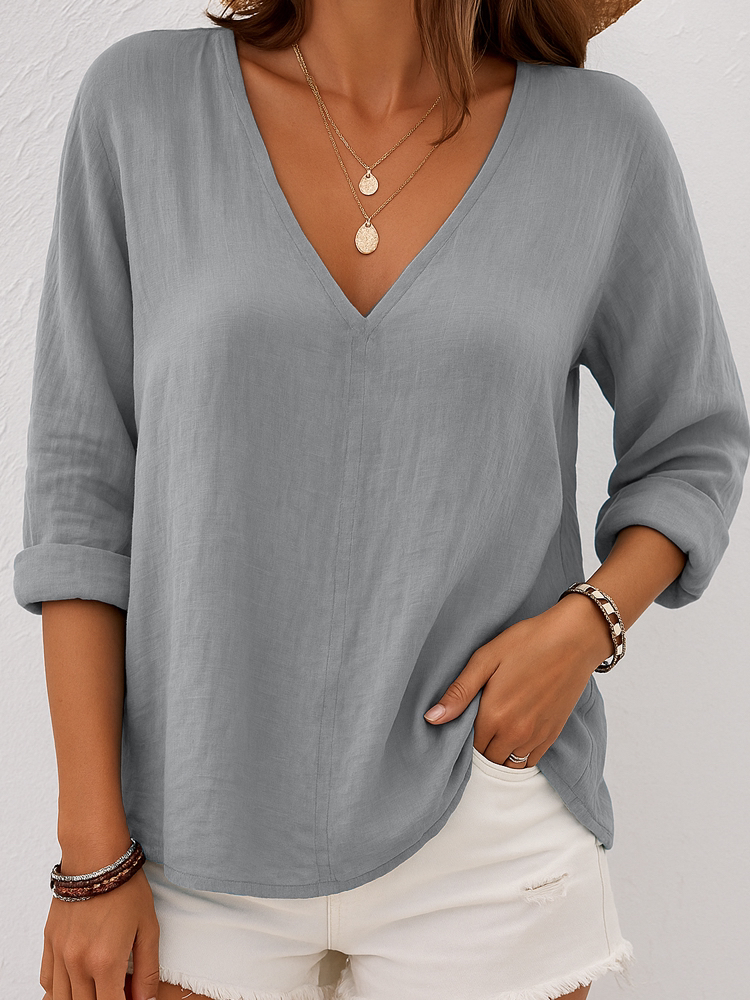 Women Plain V Neck Casual Long Sleeve T-shirt