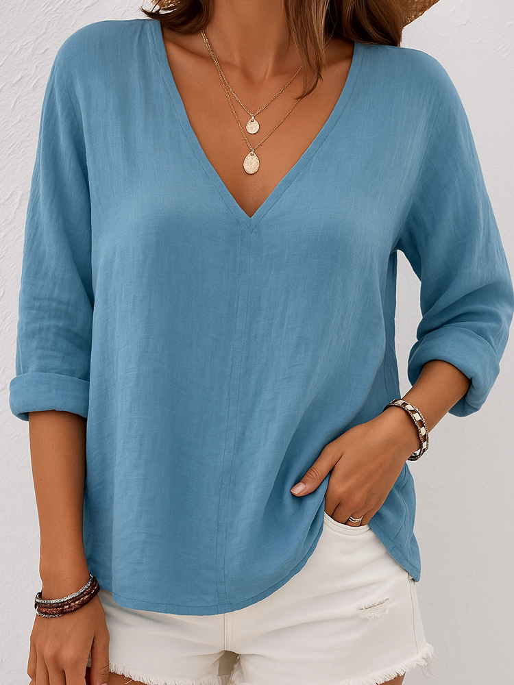 Women Plain V Neck Casual Long Sleeve T-shirt