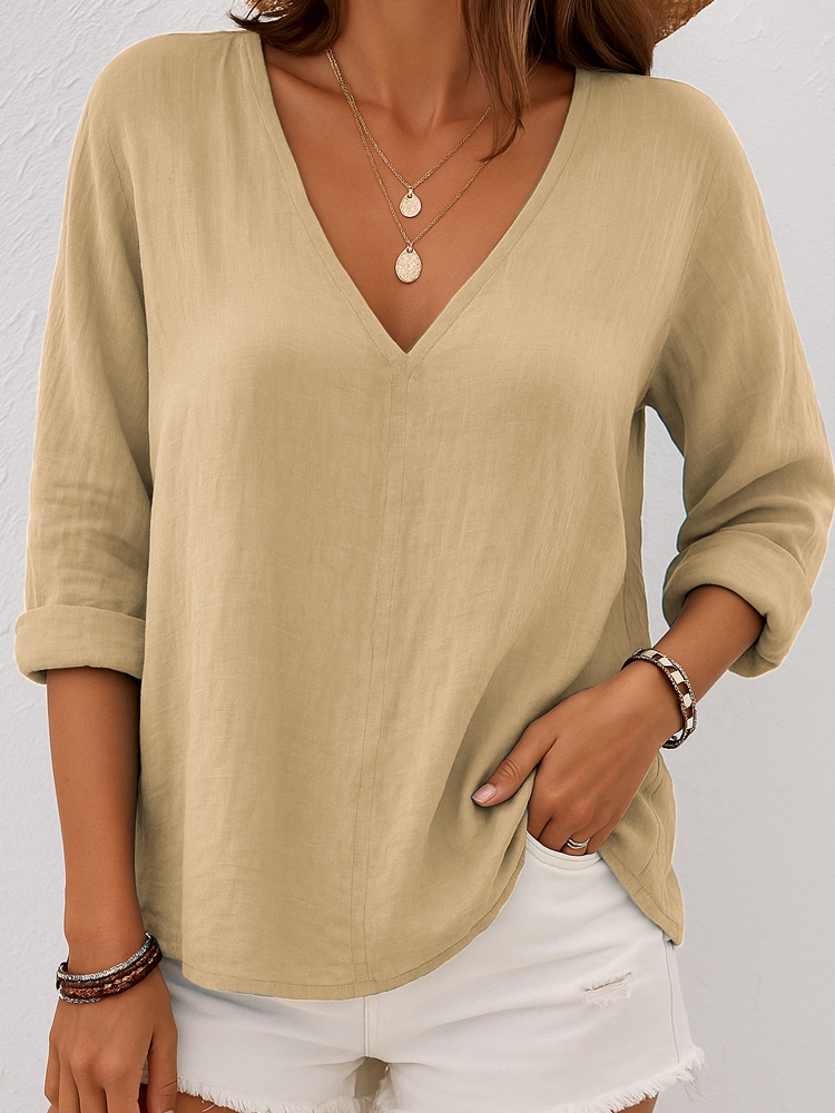 Women Plain V Neck Casual Long Sleeve T-shirt