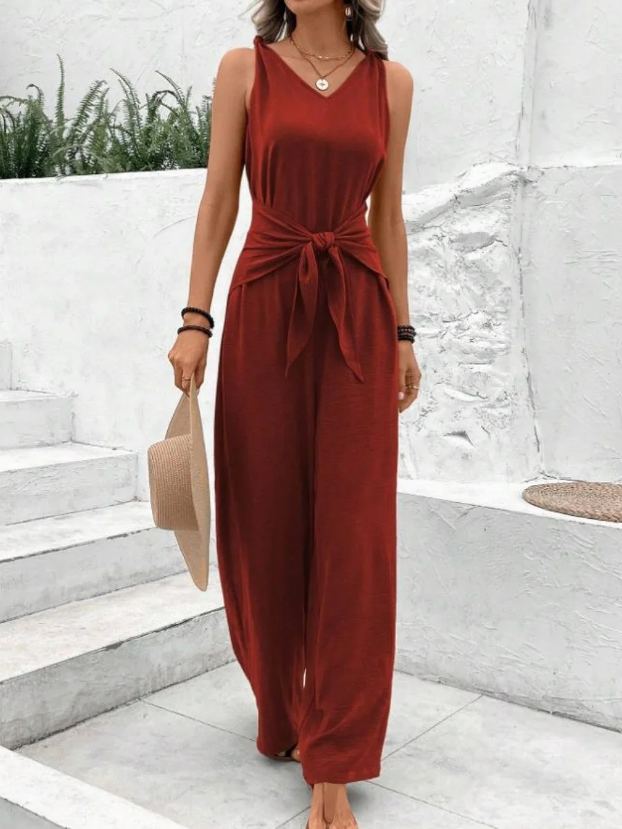 Women's H-Line Overall V Neck Daily Going Out Casual Lace-up Plain Summer Long Jumpsuit Romper