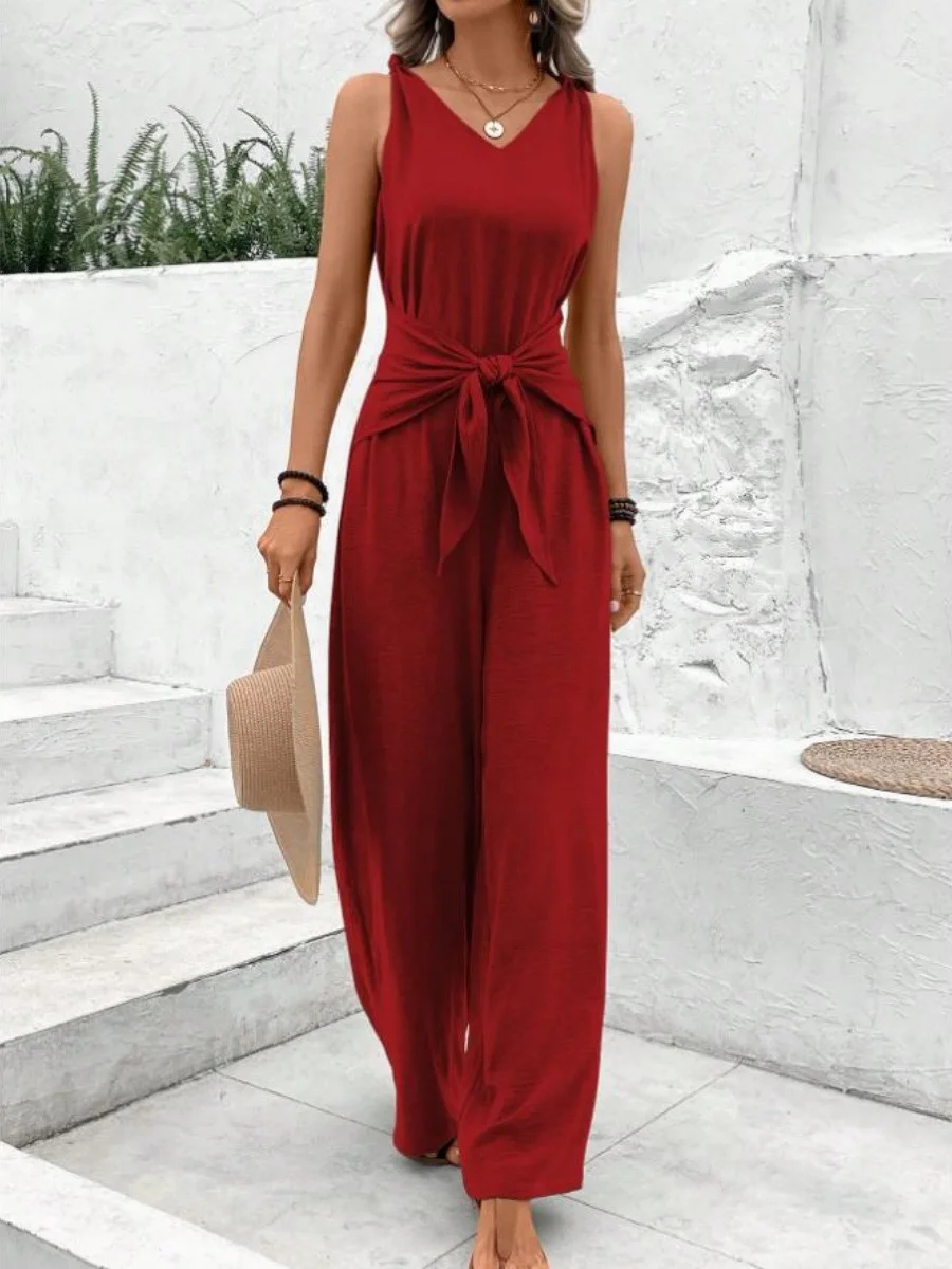 Women's H-Line Overall V Neck Daily Going Out Casual Lace-up Plain Summer Long Jumpsuit Romper
