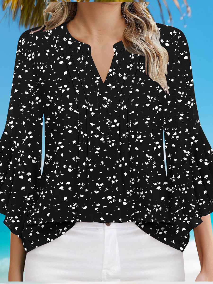 Women's Three Quarter Sleeve Shirt Spring/Fall White Plain Peplum Chiffon V Neck Ruffle Sleeve Daily Going Out Casual Top