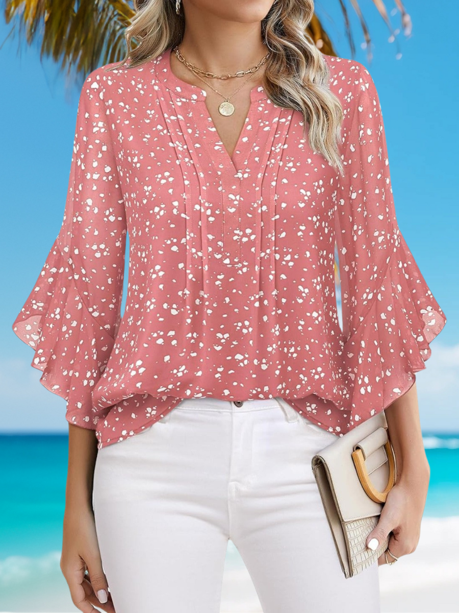 Women's Three Quarter Sleeve Shirt Spring/Fall White Plain Peplum Chiffon V Neck Ruffle Sleeve Daily Going Out Casual Top