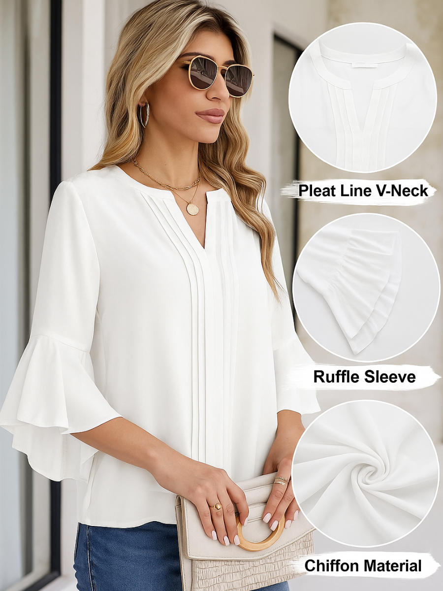Women's Three Quarter Sleeve Shirt Spring/Fall White Plain Peplum Chiffon V Neck Ruffle Sleeve Daily Going Out Casual Top