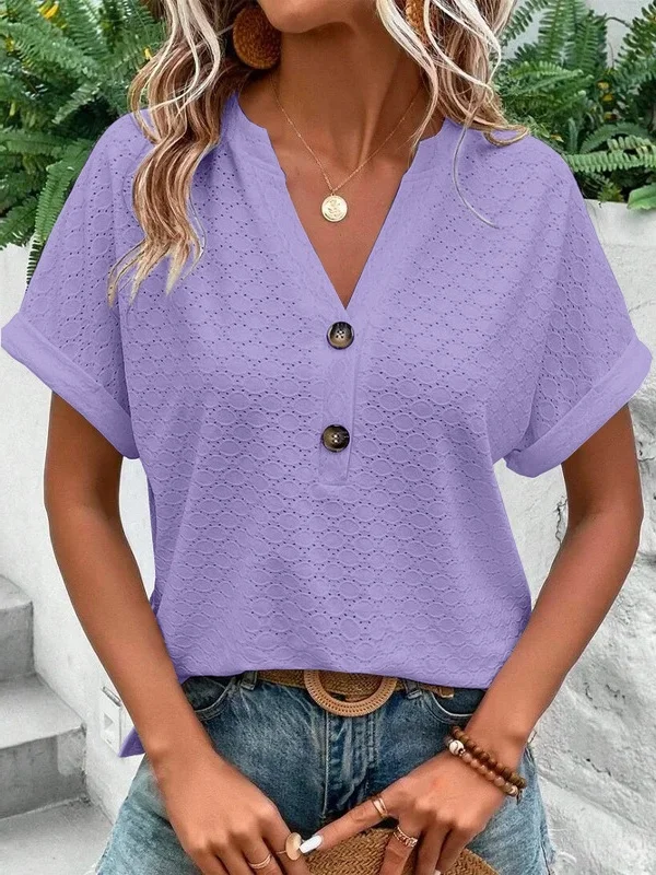 Women Plain V Neck Casual Short Sleeve T-shirt