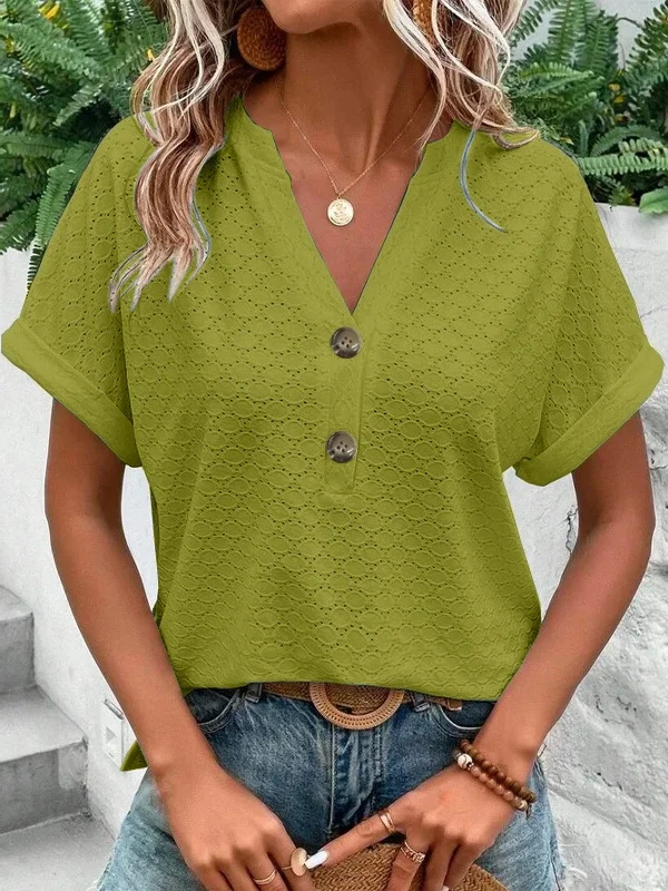 Women Plain V Neck Casual Short Sleeve T-shirt