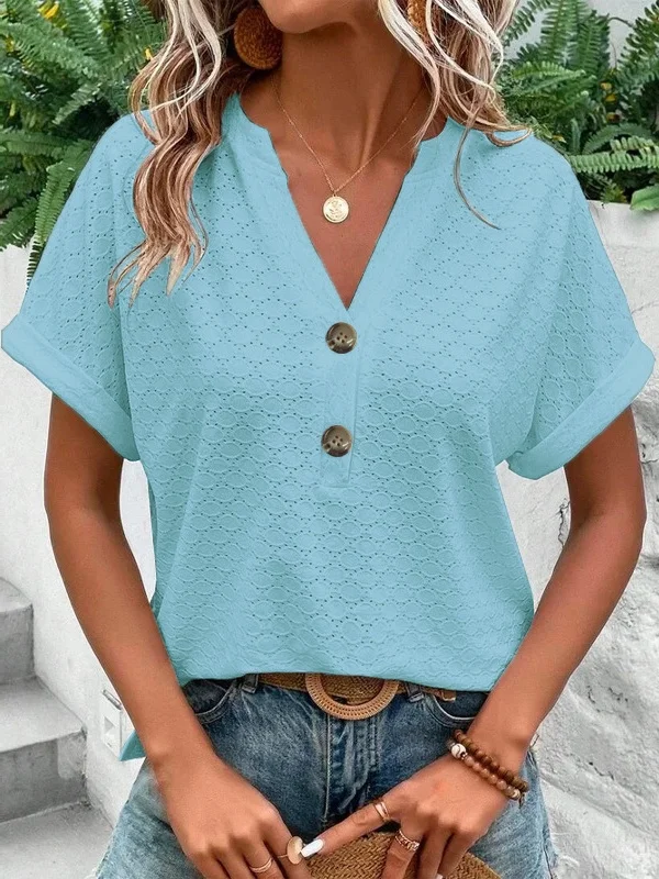 Women Plain V Neck Casual Short Sleeve T-shirt
