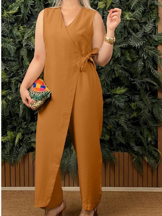 Women's H-Line T-Shirt V Neck Daily Going Out Casual Lace-up Cotton Plain Summer Long Jumpsuit Romper