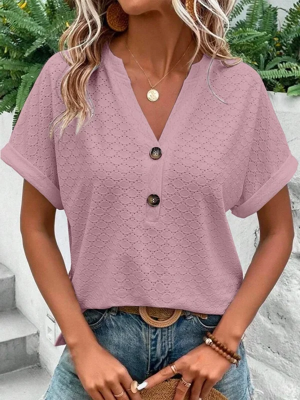Women Plain V Neck Casual Short Sleeve T-shirt