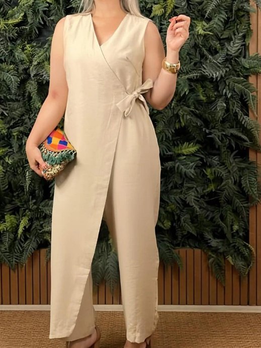 Women's H-Line T-Shirt V Neck Daily Going Out Casual Lace-up Cotton Plain Summer Long Jumpsuit Romper