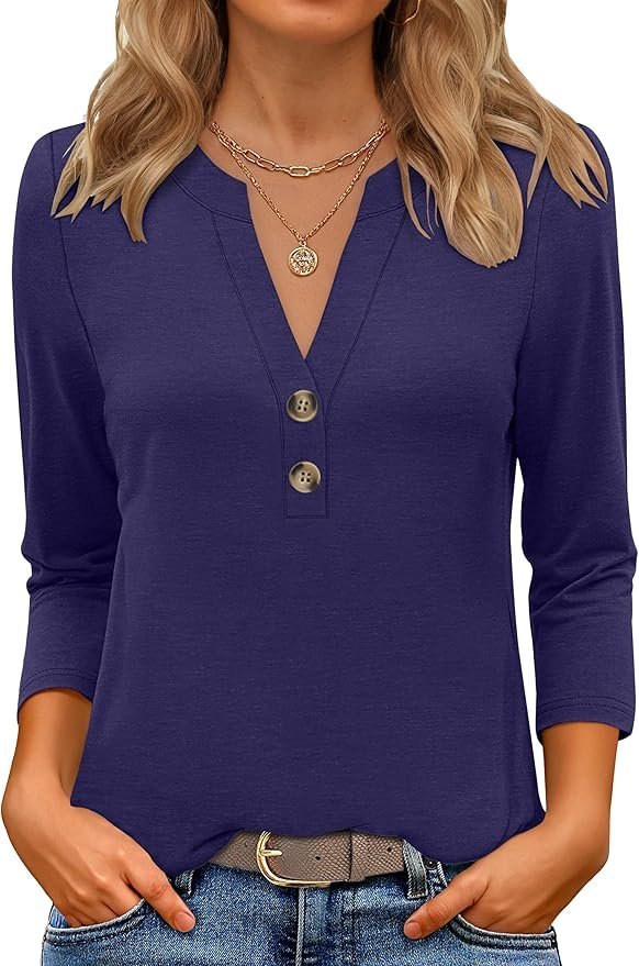 Women Floral V Neck Casual Three Quarter Sleeve T-shirt