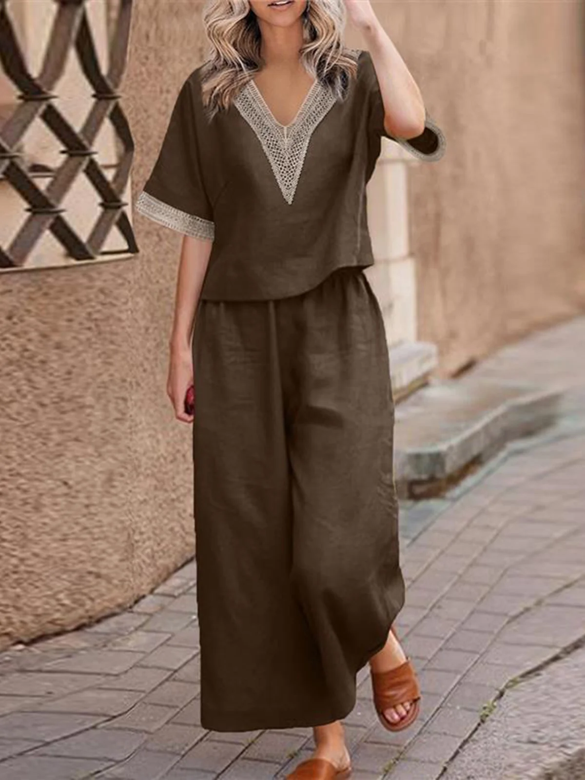 Casual Plain V Neck Two-Piece Set