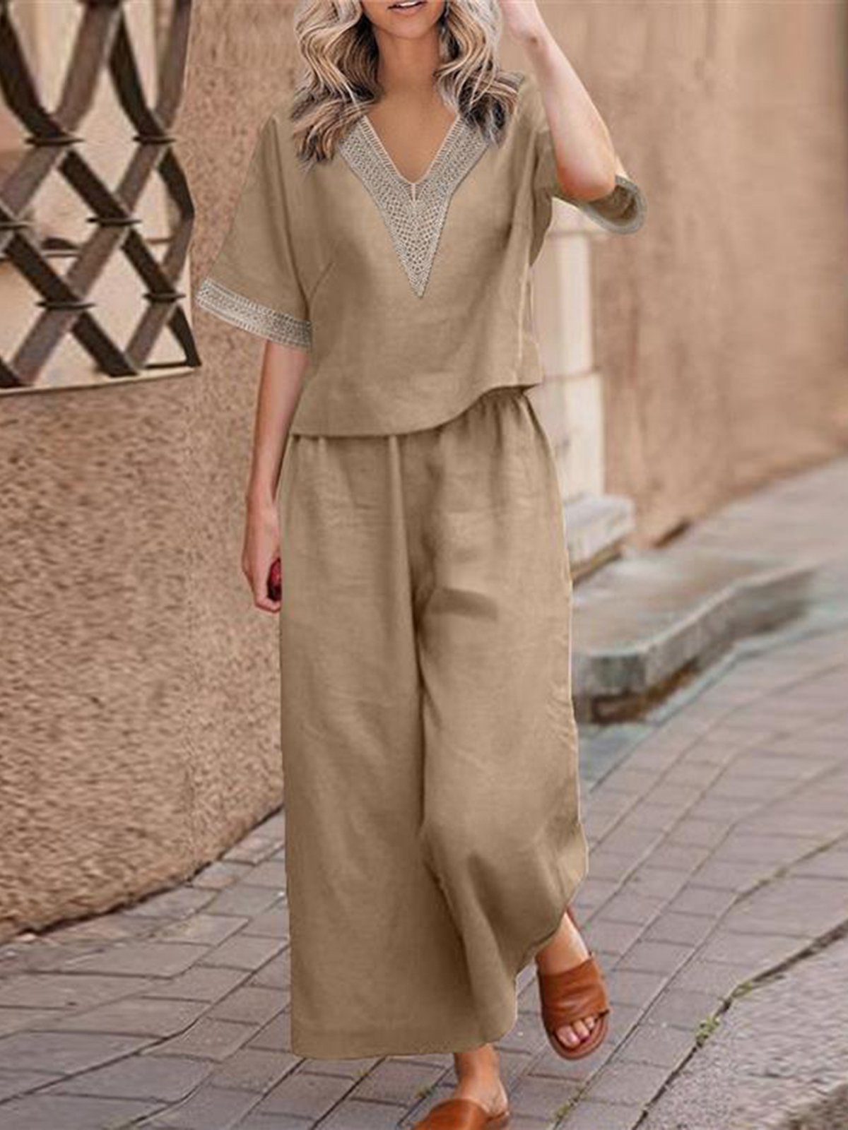 Casual Plain V Neck Two-Piece Set