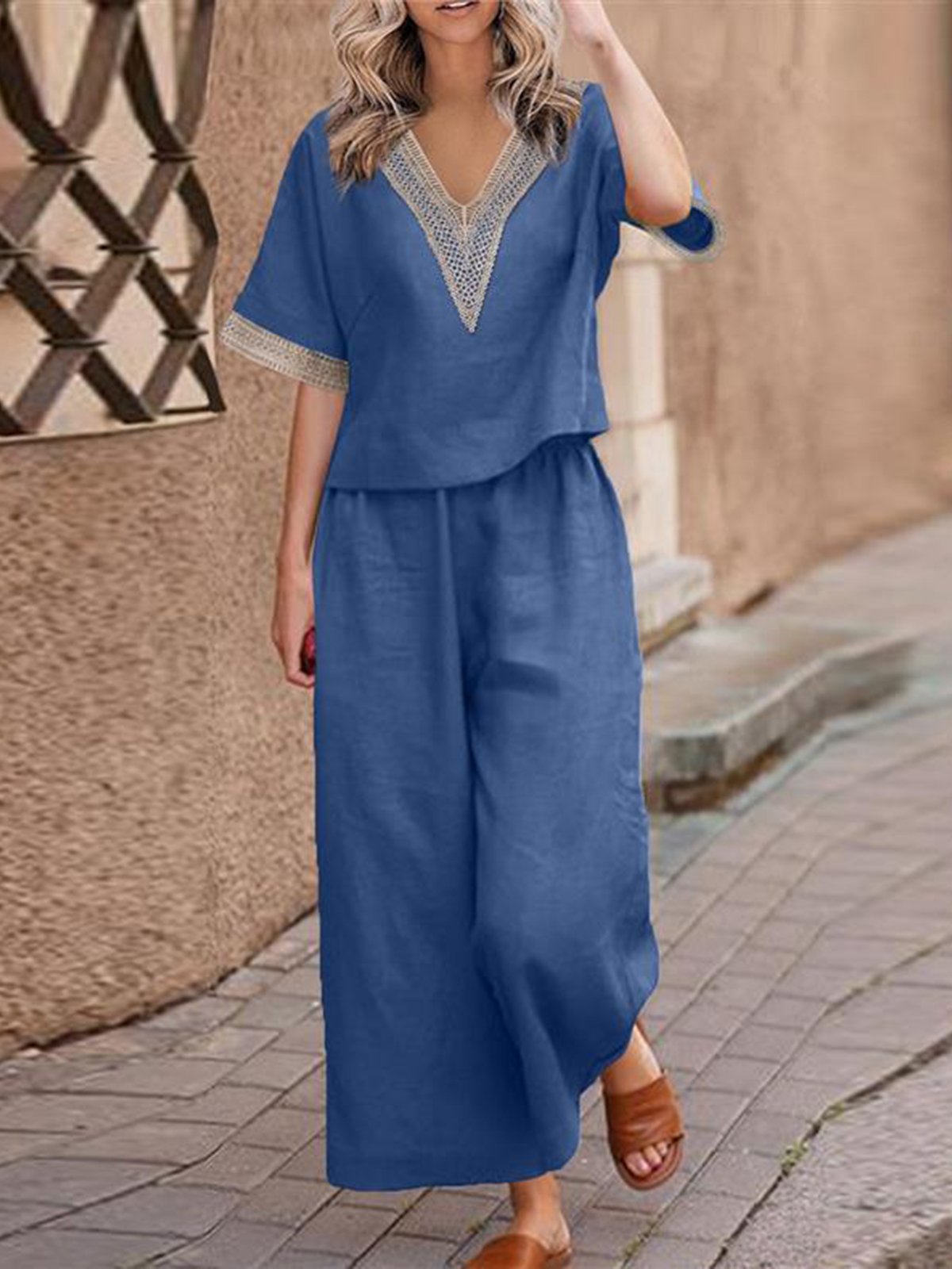 Casual Plain V Neck Two-Piece Set