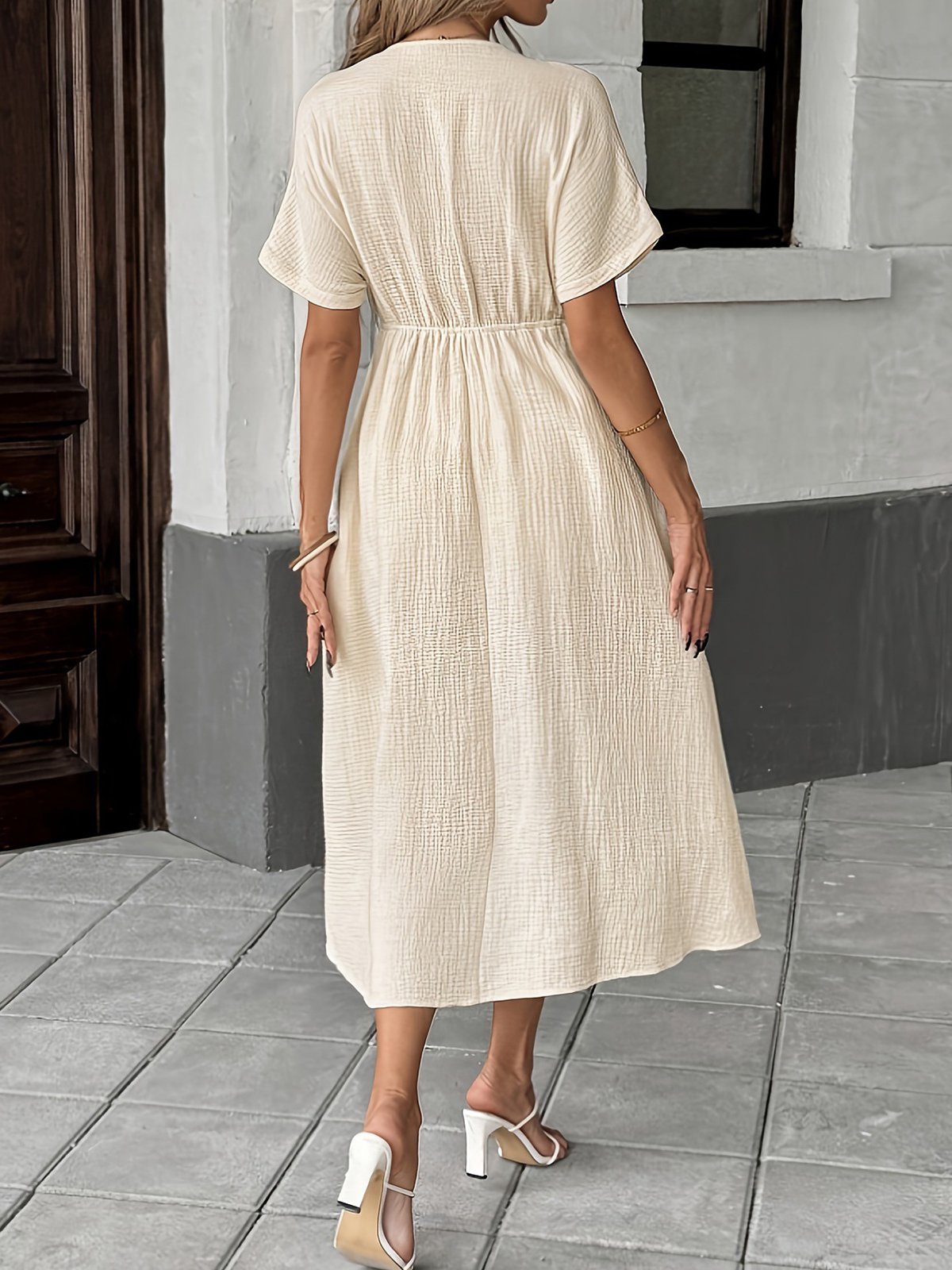 Vacation Plain Lace-up V Neck Maxi Dress