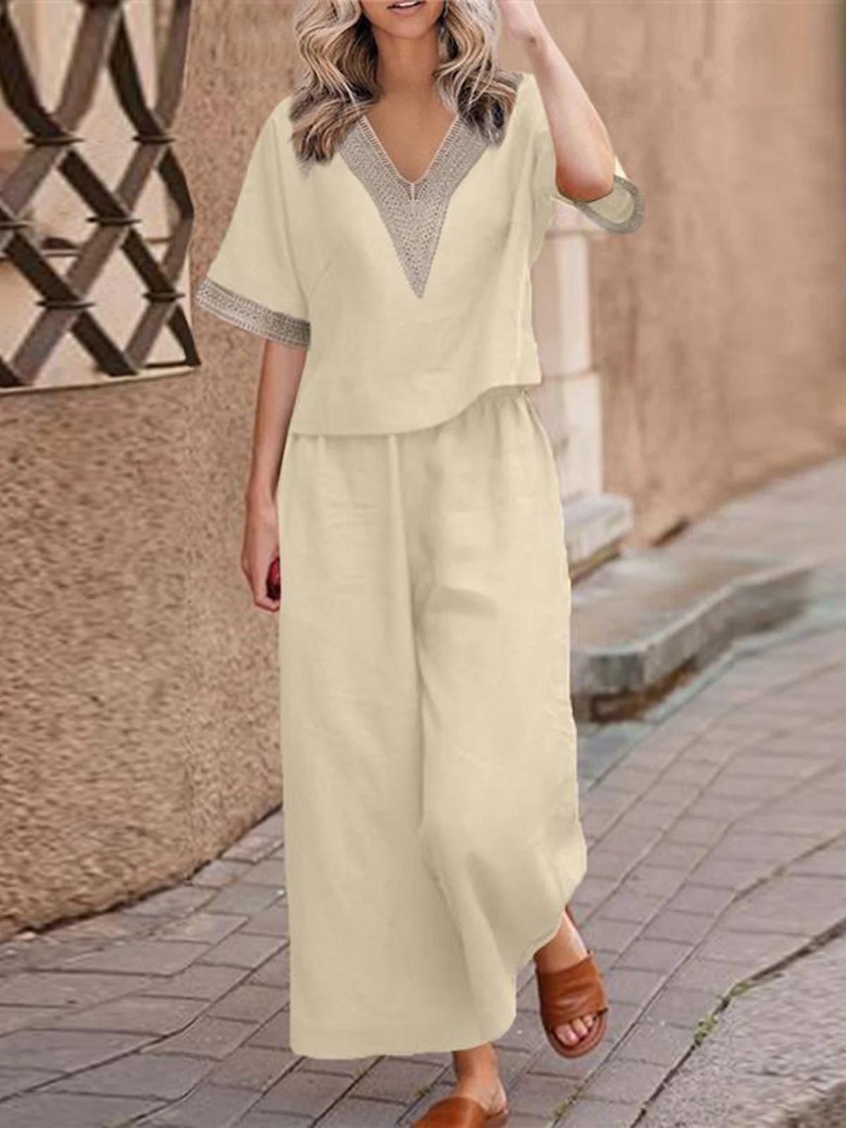 Casual Plain V Neck Two-Piece Set