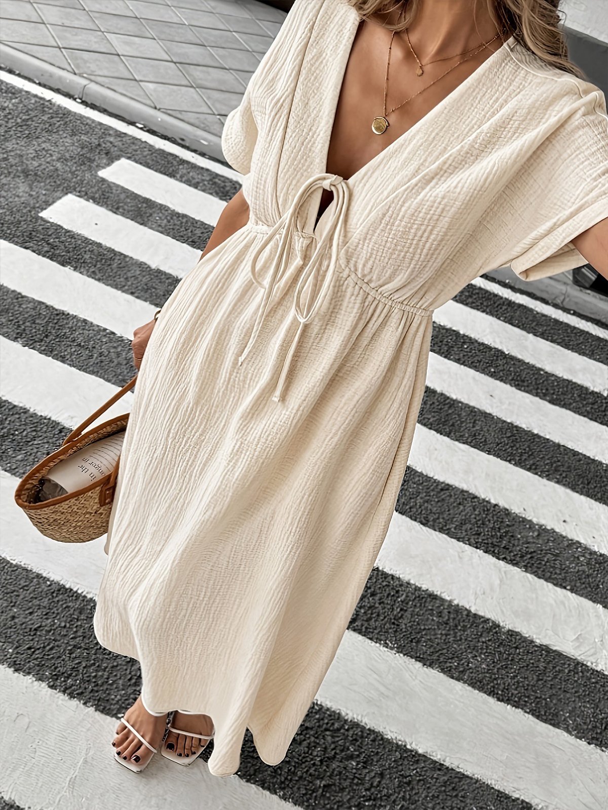 Vacation Plain Lace-up V Neck Maxi Dress