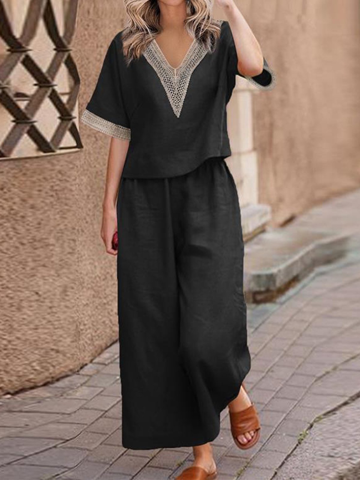 Casual Plain V Neck Two-Piece Set