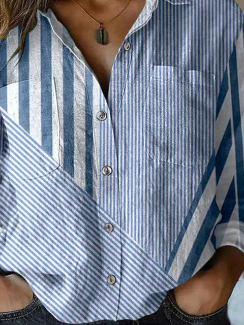 Linen Blend Simple Striped Shawl Collar Shirt