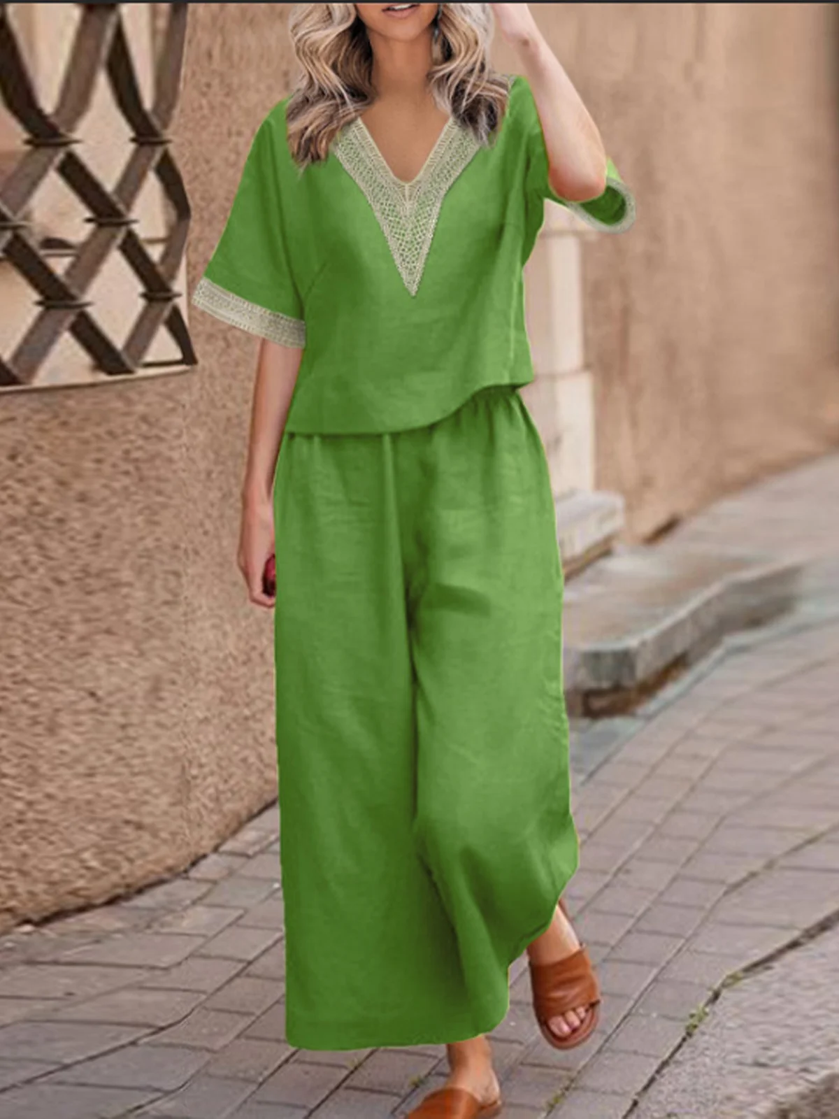 Casual Plain V Neck Two-Piece Set