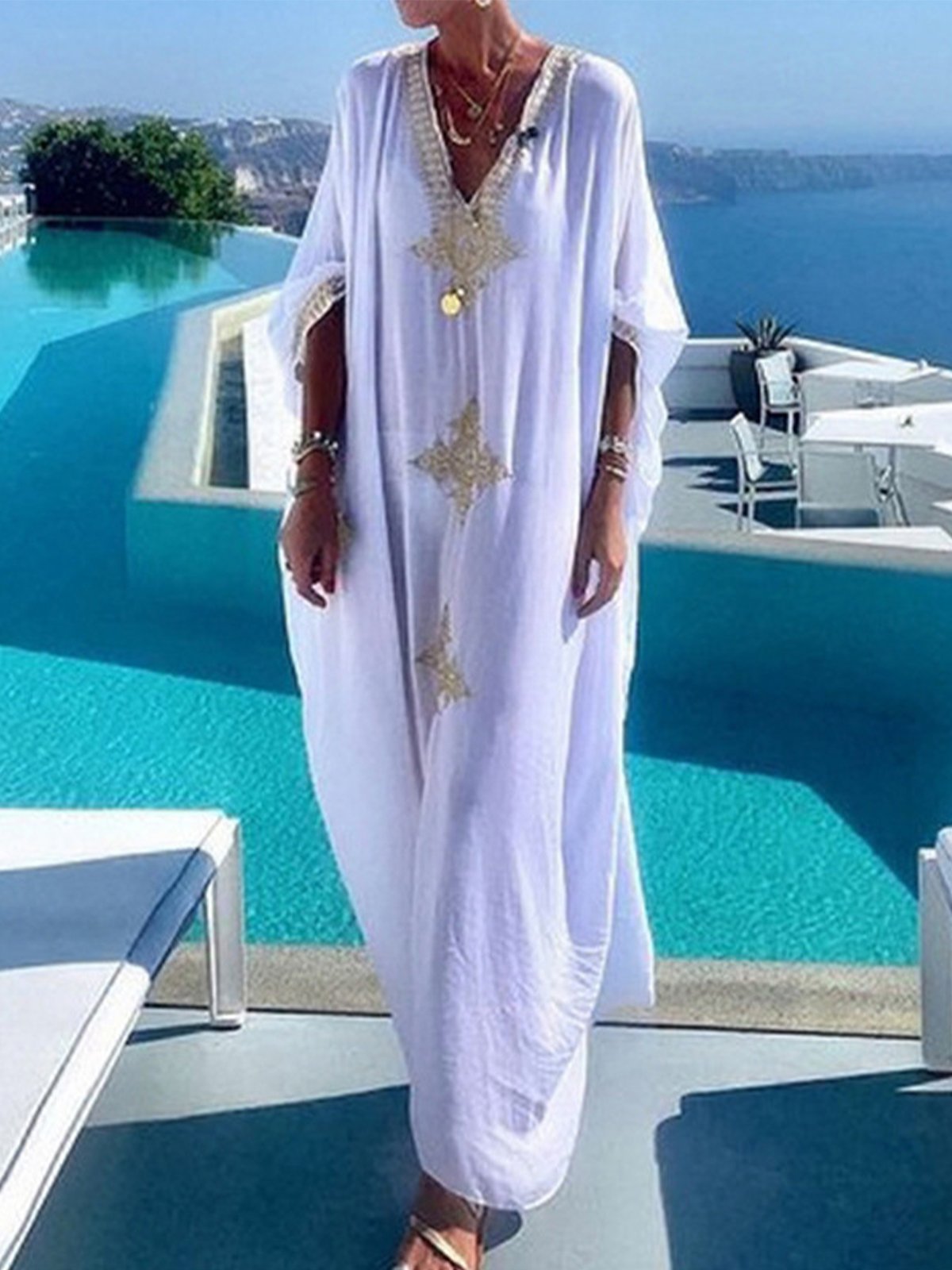 Vacation Ethnic V Neck Maxi Dress