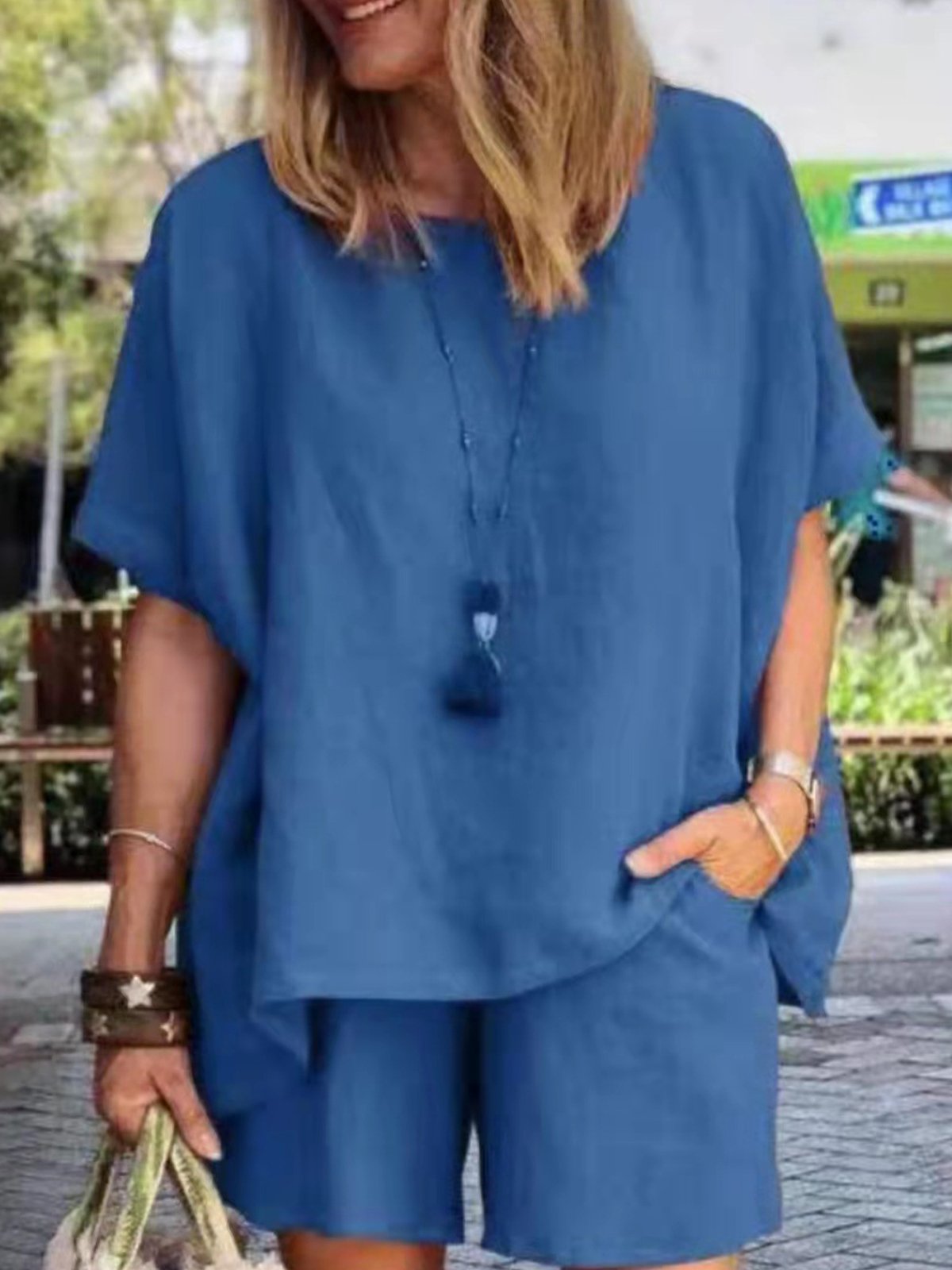 Casual Plain Crew Neck Two-Piece Set