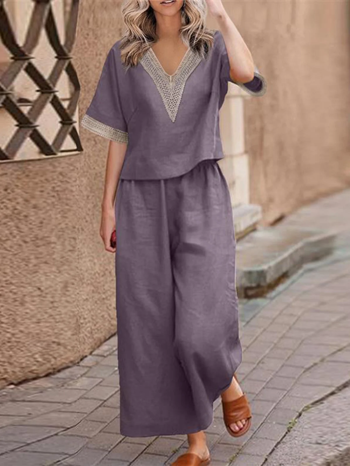 Casual Plain V Neck Two-Piece Set