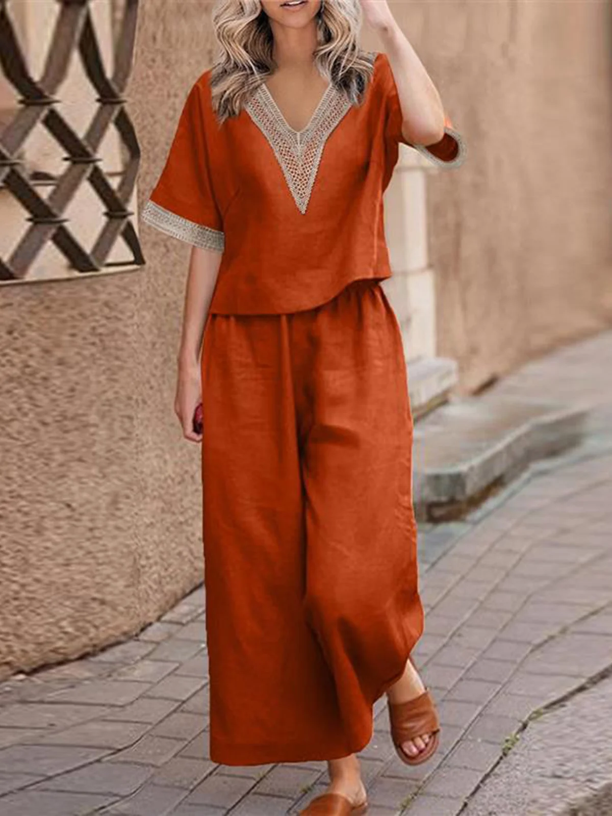 Casual Plain V Neck Two-Piece Set