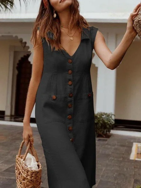 Women's Sleeveless Summer Khaki Plain Split Joint Stand Collar Daily Going Out Vintage Maxi A-Line Tank Dress