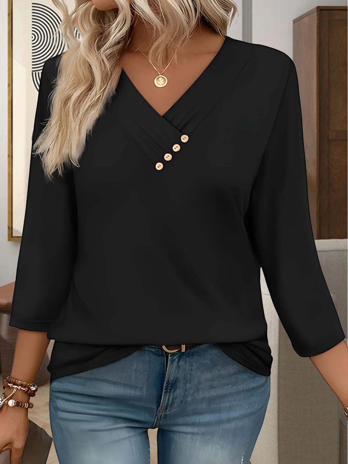 Women Plain V Neck Casual Half Sleeve T-shirt