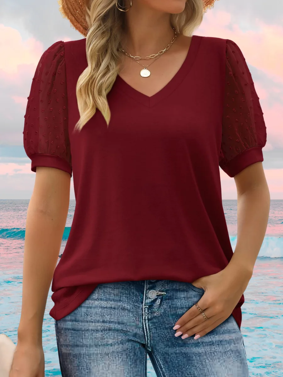Women Polka Dots V Neck Casual Short Sleeve T-shirt