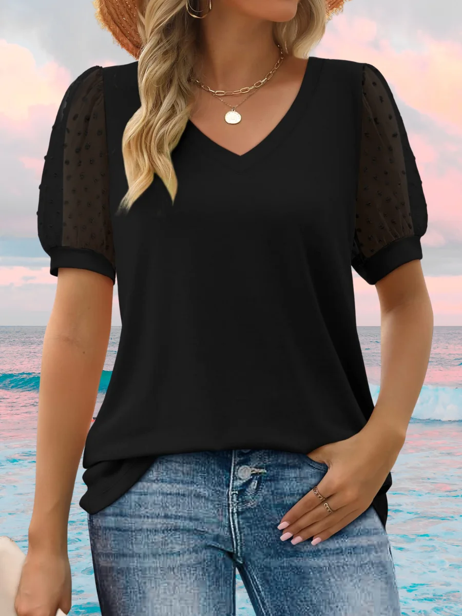 Women Polka Dots V Neck Casual Short Sleeve T-shirt