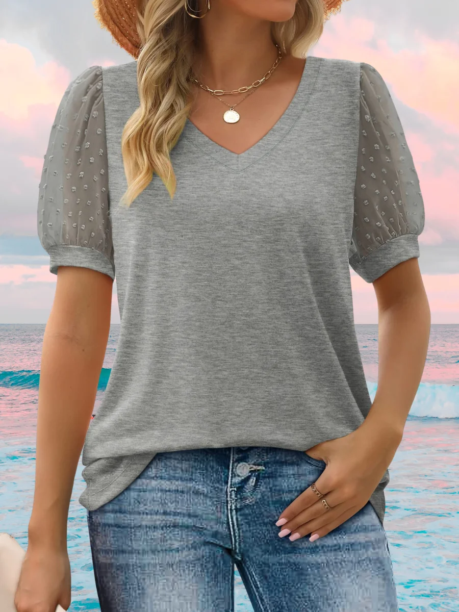 Women Polka Dots V Neck Casual Short Sleeve T-shirt