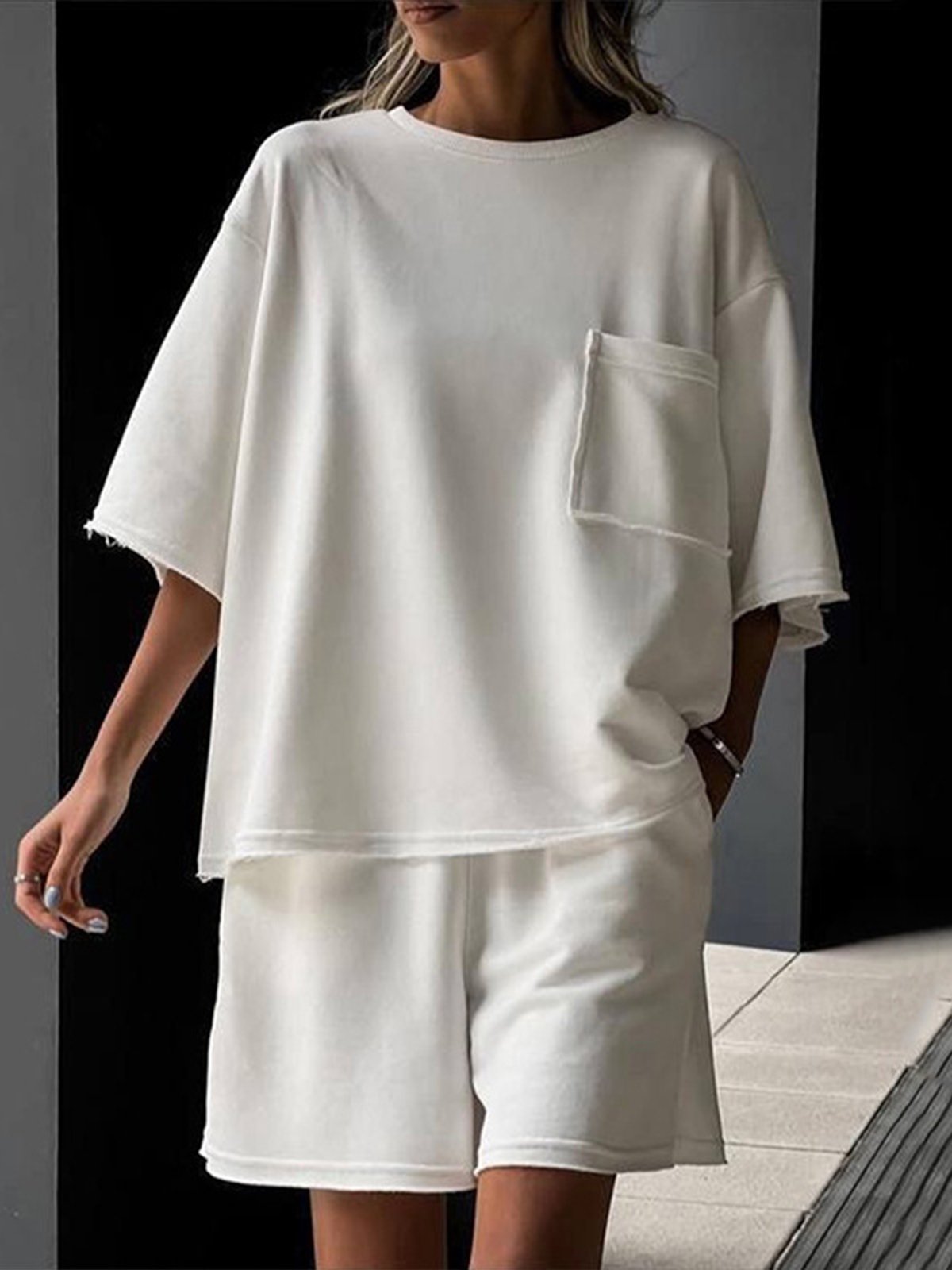Casual Plain Crew Neck Two-Piece Set