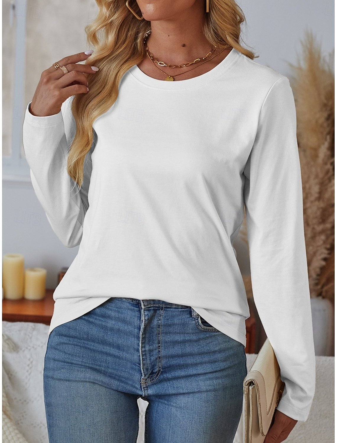 Women Plain Crew Neck Casual Long Sleeve T-shirt