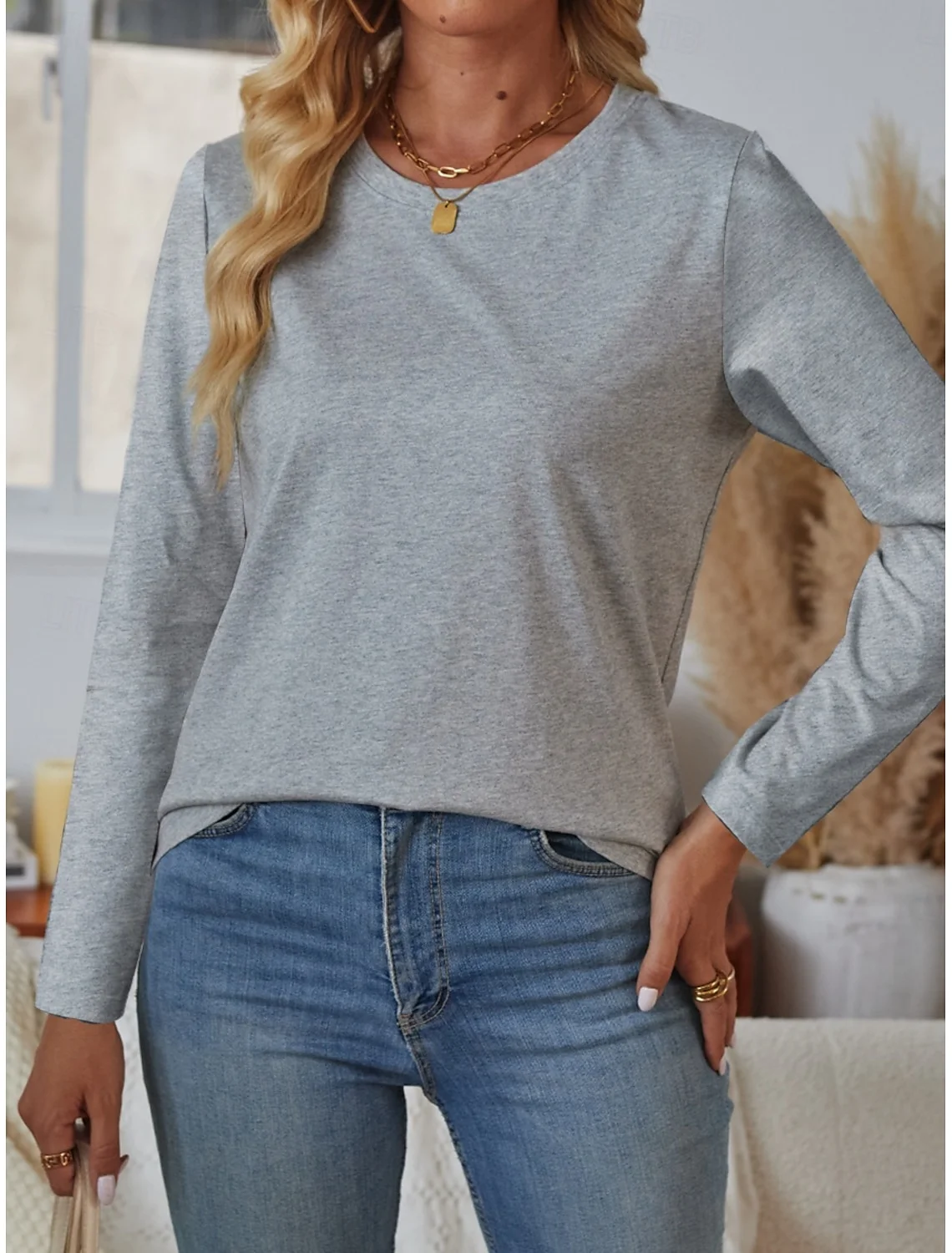 Women Plain Crew Neck Casual Long Sleeve T-shirt