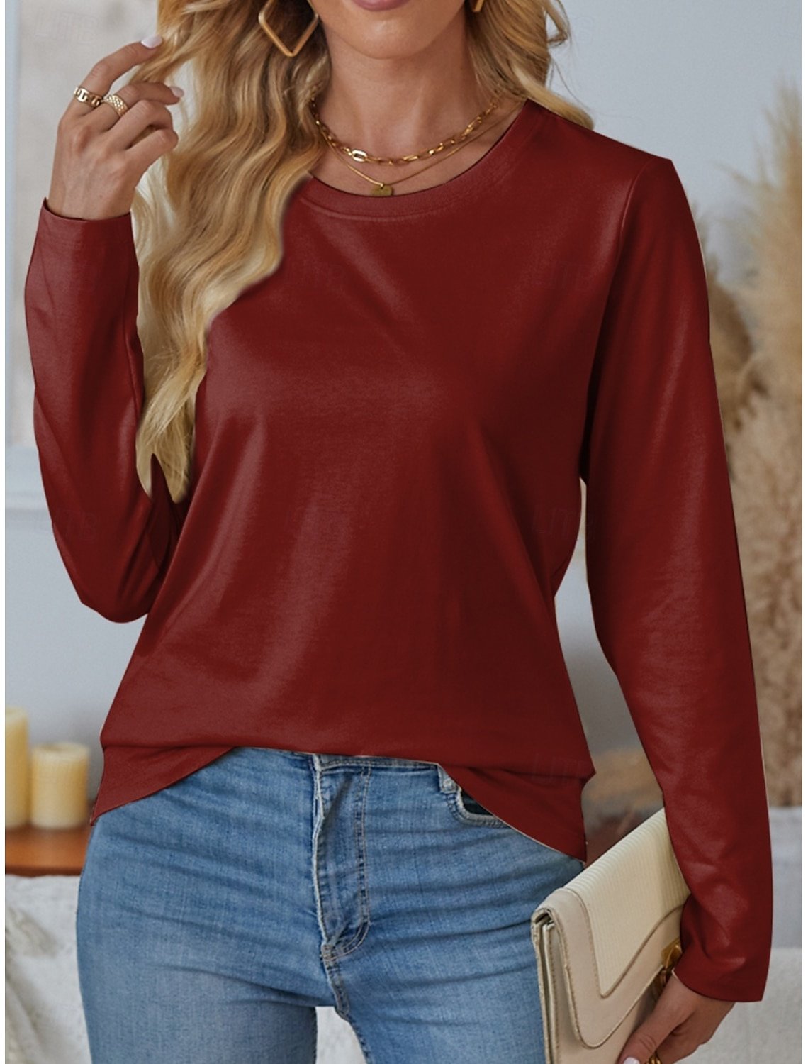 Women Plain Crew Neck Casual Long Sleeve T-shirt