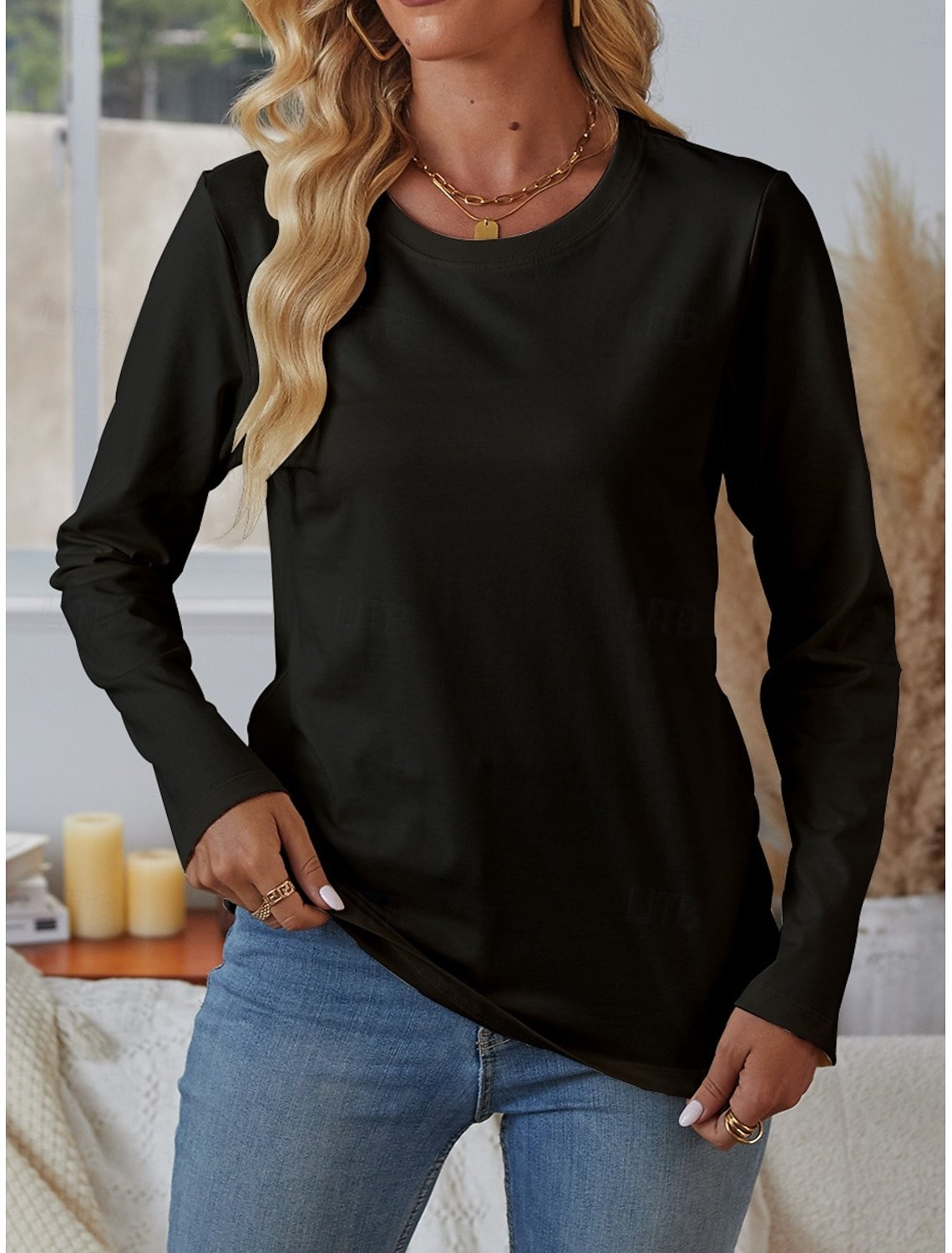Women Plain Crew Neck Casual Long Sleeve T-shirt