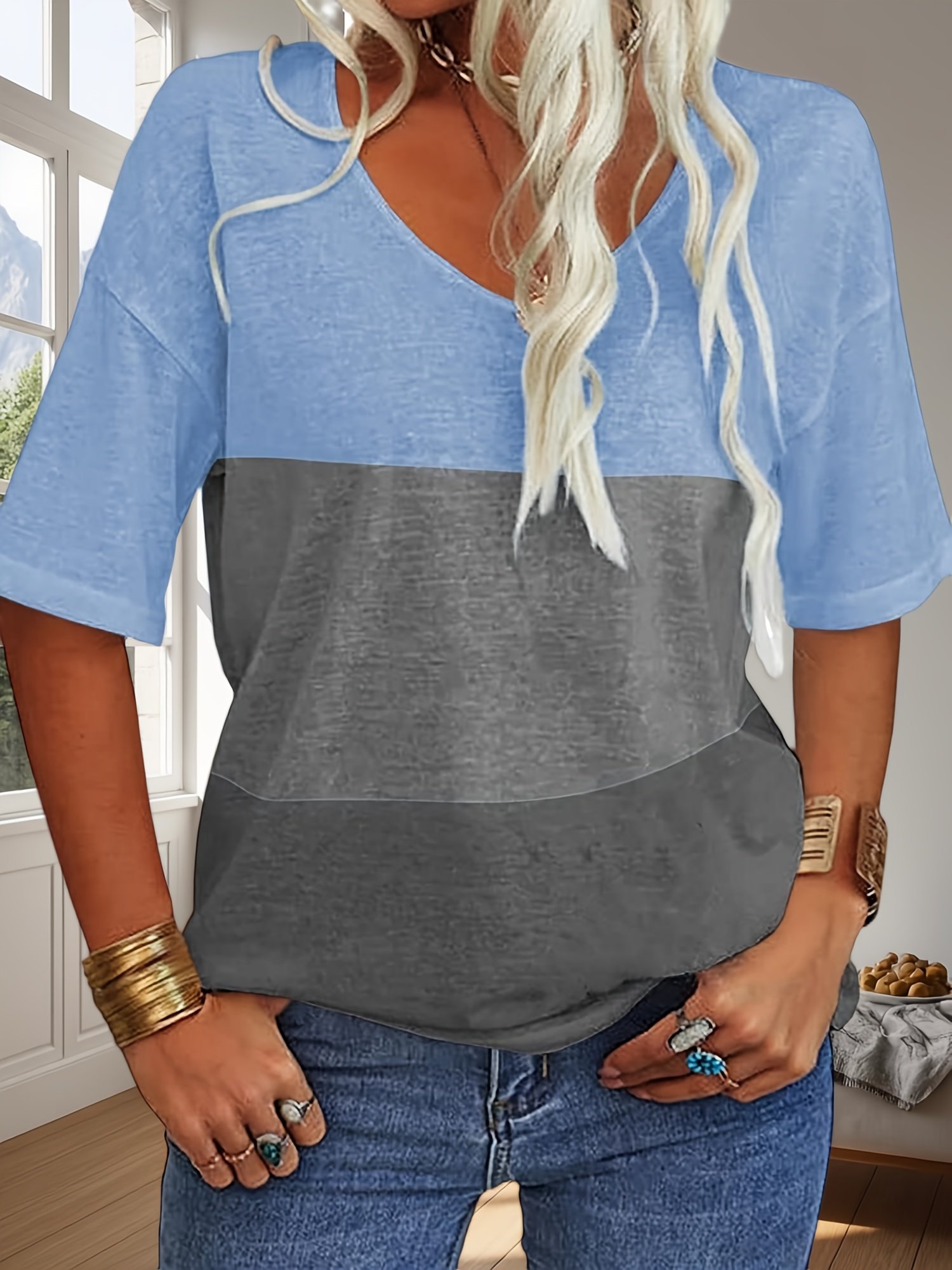 Women Striped V Neck Casual Short Sleeve T-shirt
