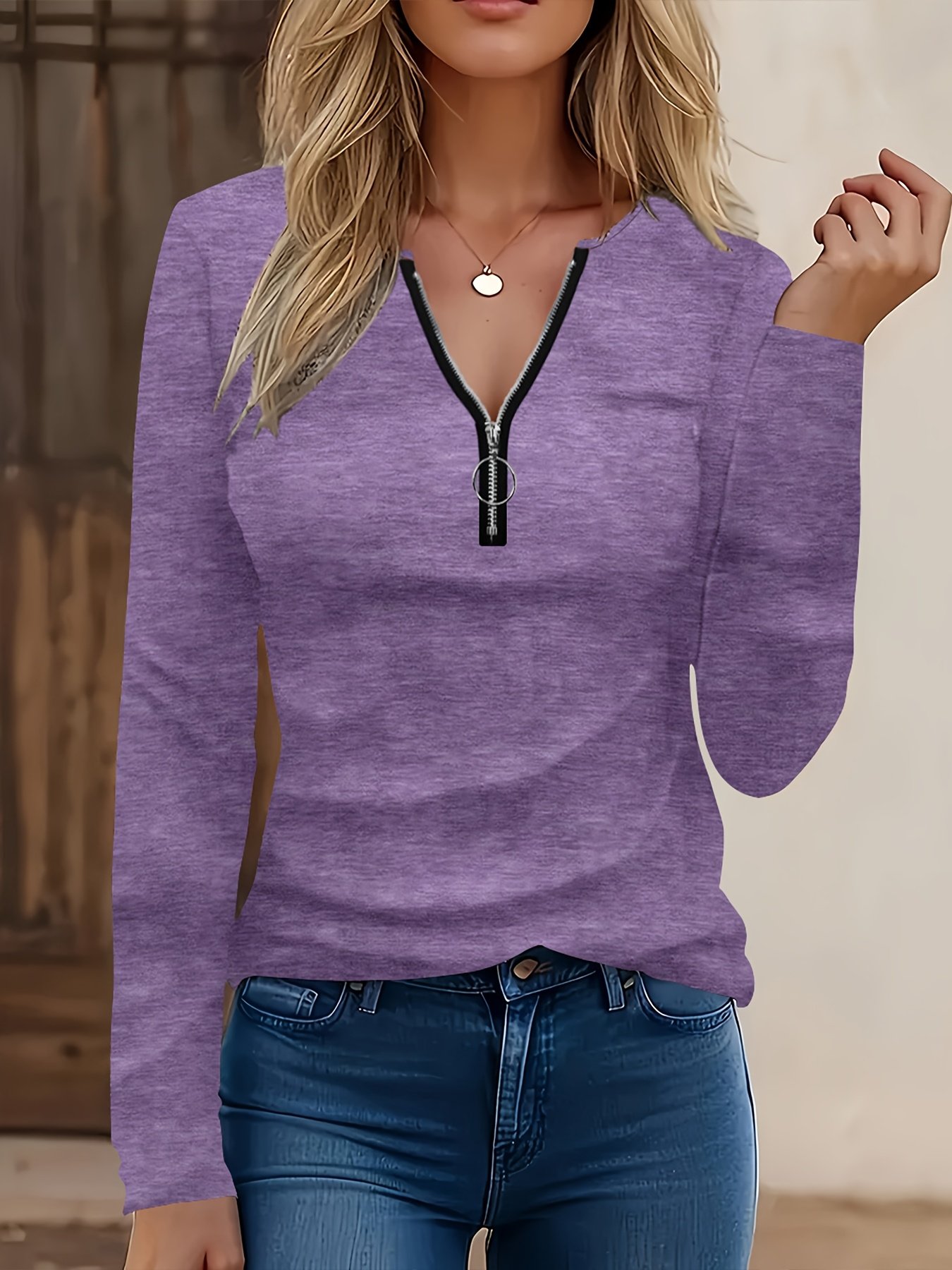 Women Plain V Neck Vintage Long Sleeve T-shirt