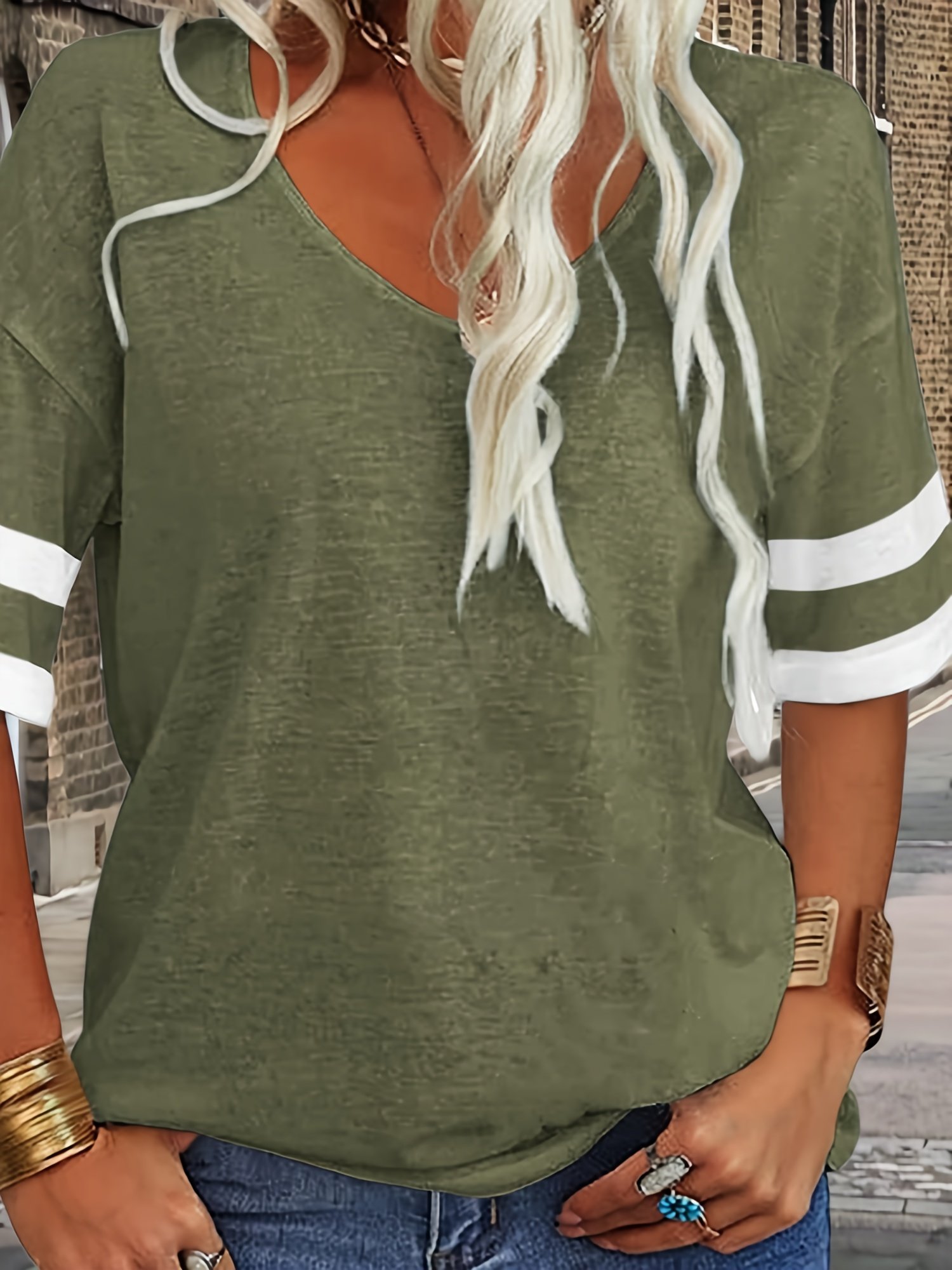 Women Striped V Neck Casual Short Sleeve T-shirt