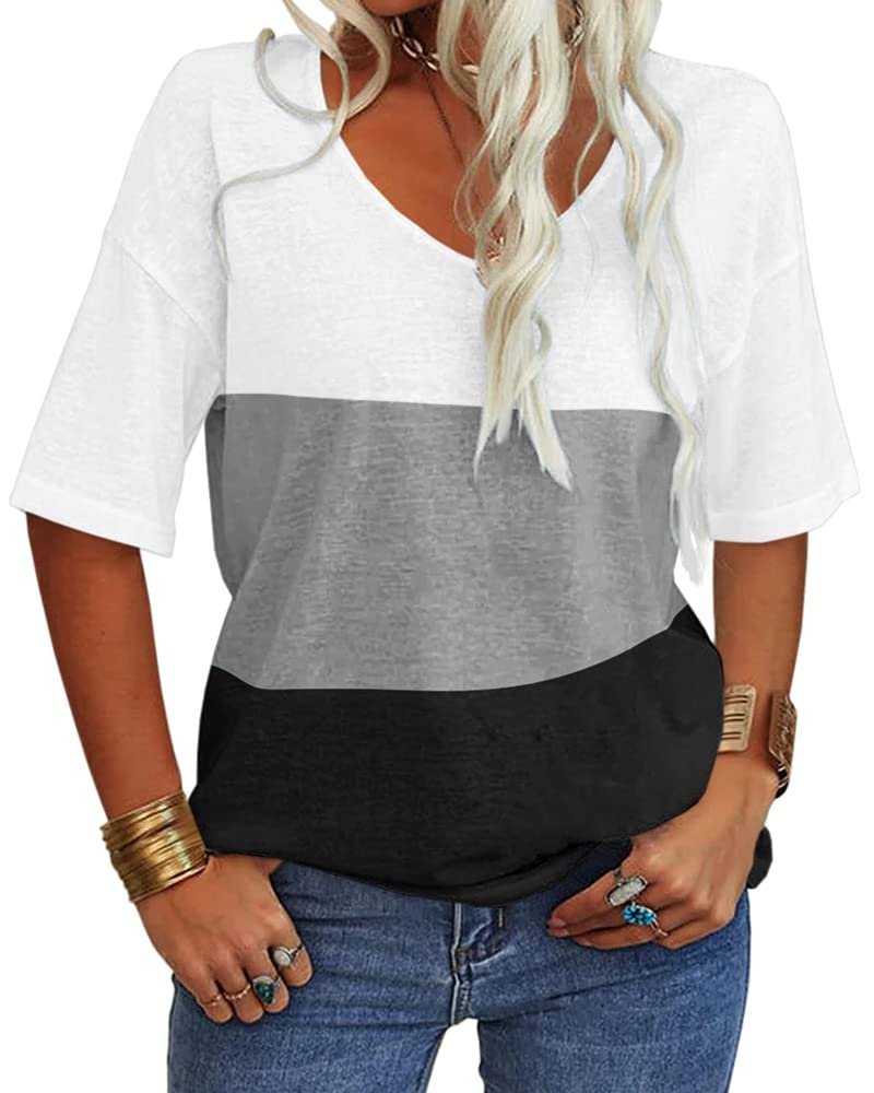Women Striped V Neck Casual Short Sleeve T-shirt