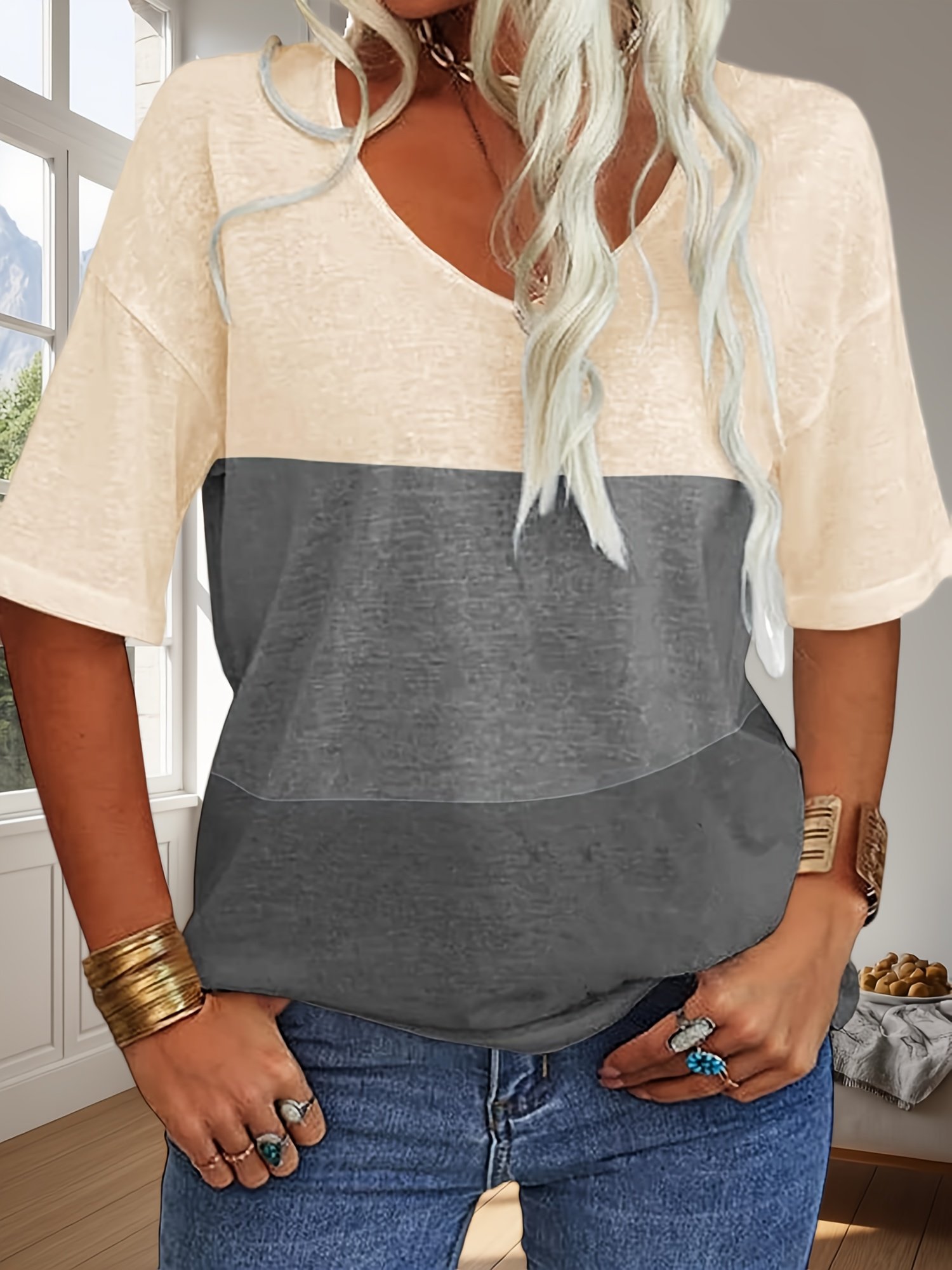 Women Striped V Neck Casual Short Sleeve T-shirt