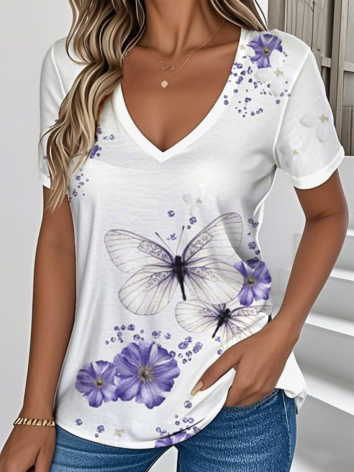 Women Floral V Neck Casual Short Sleeve T-shirt