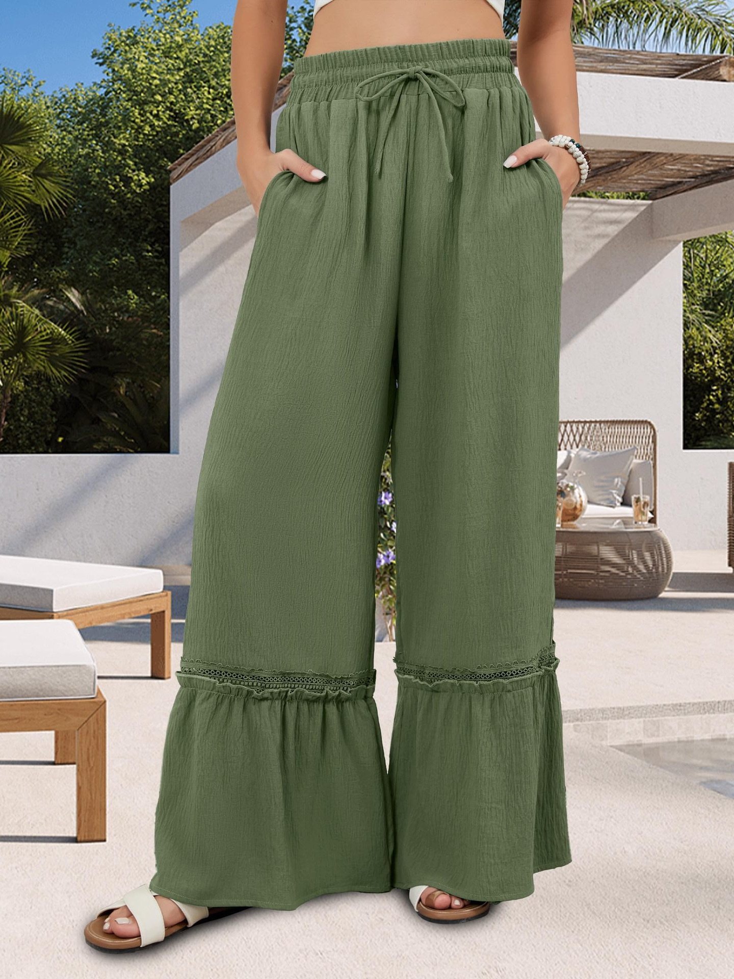 Women's  Elastic Waist H-Line Wide Leg Pants Daily Going Out Pants Blue Casual Split Joint Plain Spring/Fall Pants