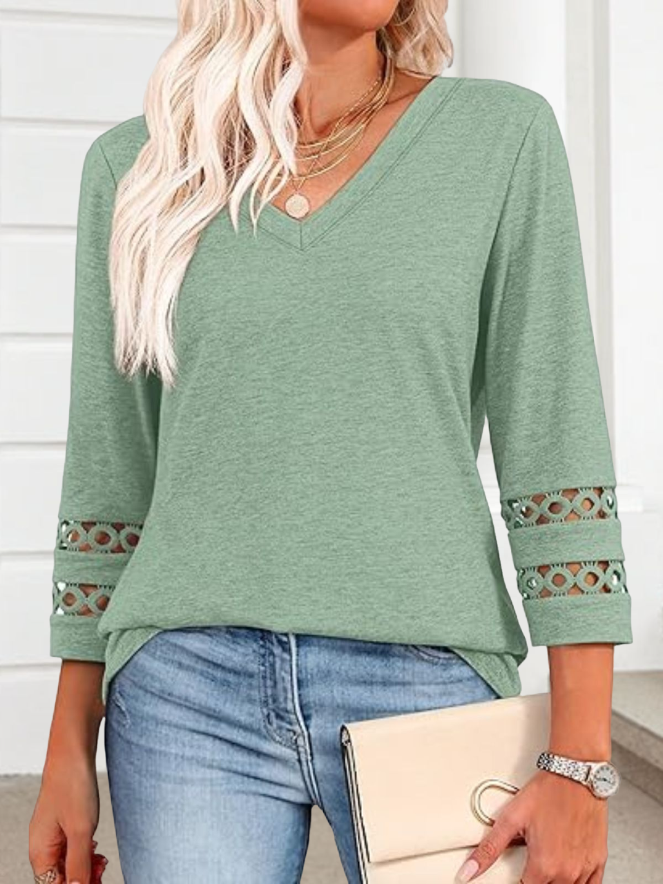 Women Plain V Neck Casual Three Quarter Sleeve T-shirt