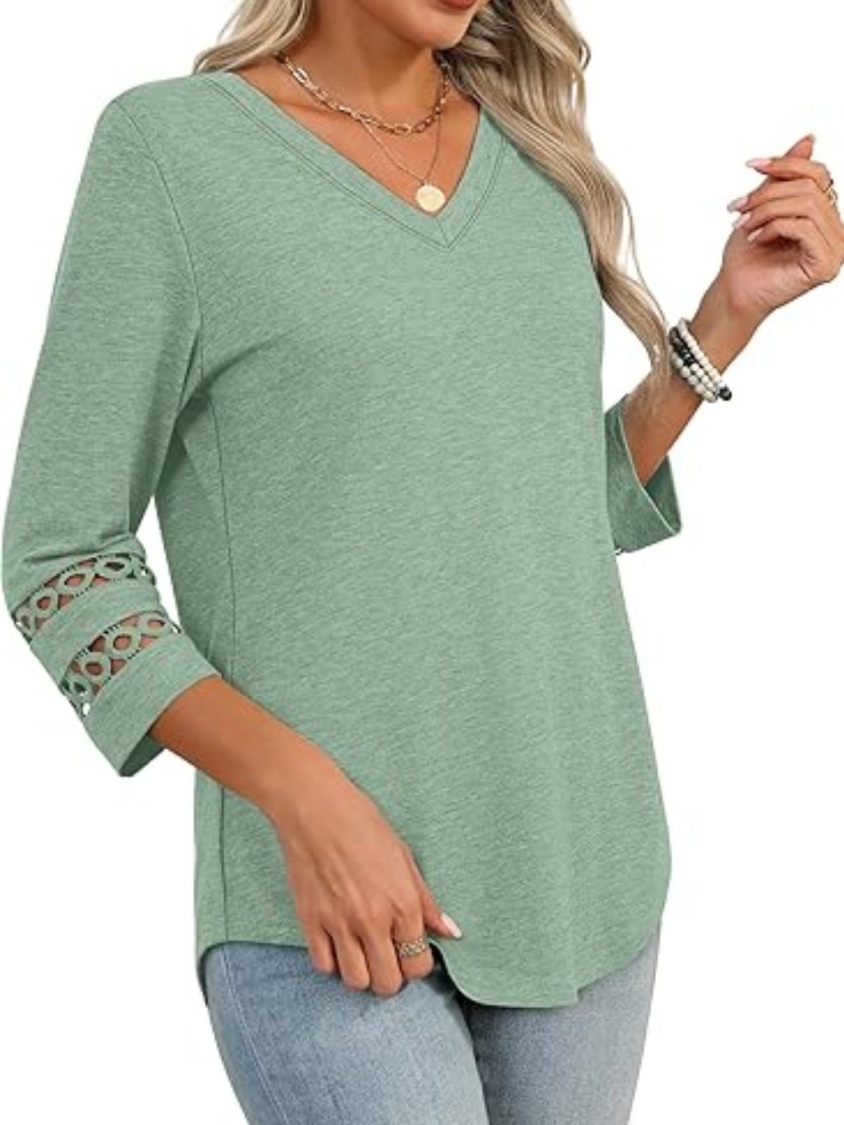 Women Plain V Neck Casual Three Quarter Sleeve T-shirt