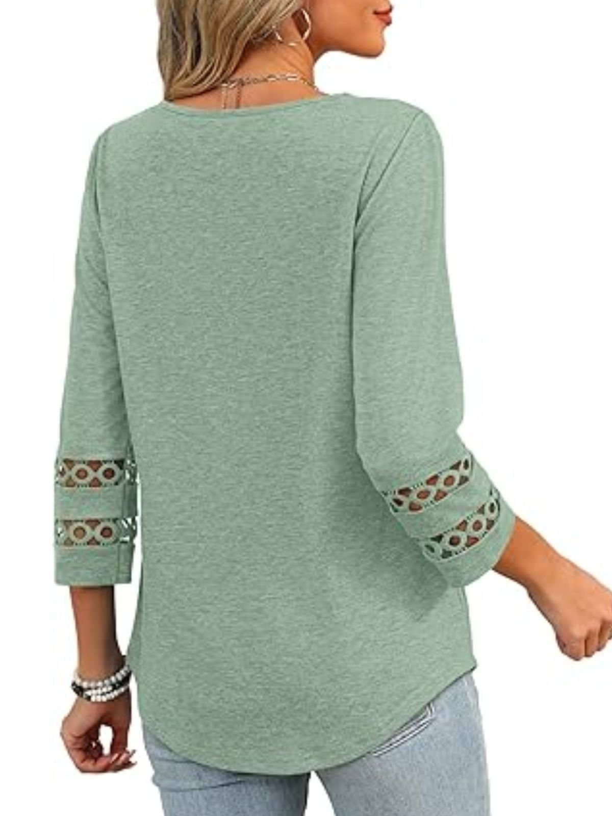 Women Plain V Neck Casual Three Quarter Sleeve T-shirt