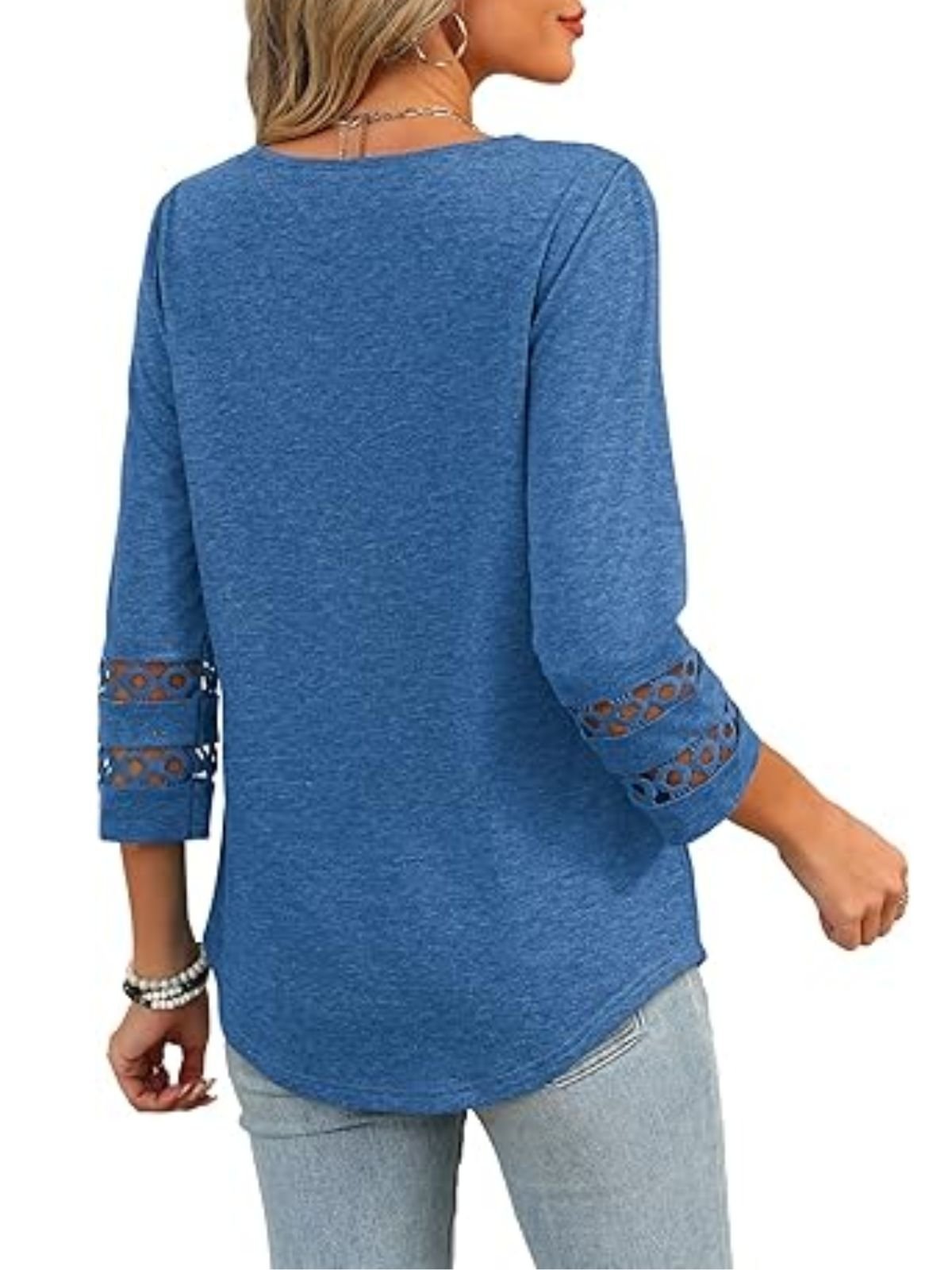 Women Plain V Neck Casual Three Quarter Sleeve T-shirt