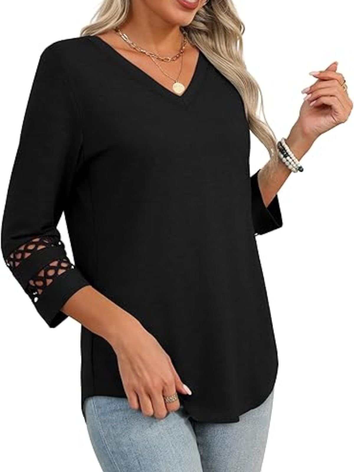 Women Plain V Neck Casual Three Quarter Sleeve T-shirt